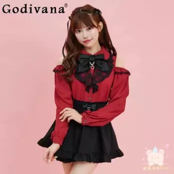 Осенняя новая рубашка с открытыми плечами, модные блузки в японском стиле в стиле Лолиты, женский топ с длинными рукавами, женская милая повседневная блузка