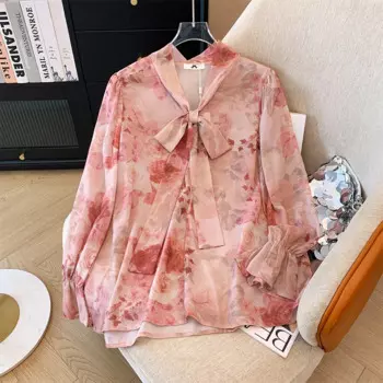 Осенняя Новинка, женская Свободная блузка, дышащая шифоновая рубашка с бантом, милая рубашка с длинными рукавами и цветочным принтом