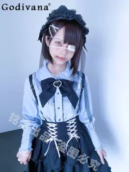 Осенняя рубашка с расклешенными рукавами и бантом, женская японская милая милая блузка с длинными рукавами Y2k, цветной топ Mujer