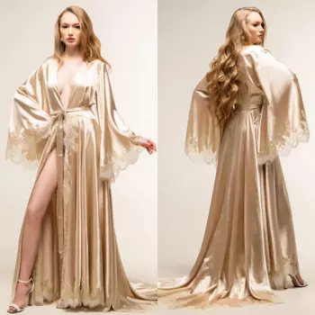 Осенняя шелковая приятная на ощупь ночная рубашка, элегантная женская пижама с золотым кружевом и поясом, пикантная Ночная сорочка, размер на заказ