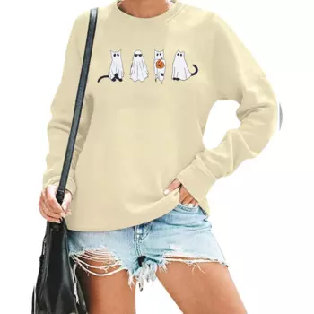 Осенняя толстовка с капюшоном, Женский свитшот с графическим рисунком в виде Призрачного кота на Хэллоуин, Женский свитшот с рисунком в виде кошки