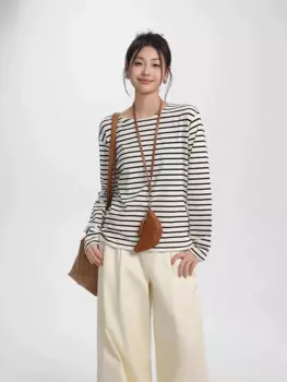 Осенняя женская полосатая футболка в стиле Харадзюку в стиле ретро, футболки с длинным рукавом и круглым вырезом, корейская повседневная футболка большого размера, женские топы