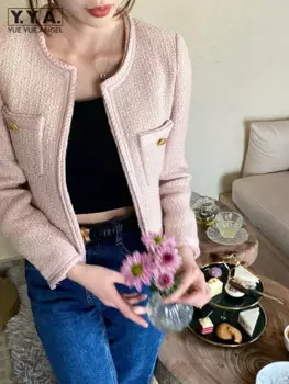 Осенняя женская твидовая куртка с круглым вырезом, элегантная женская винтажная верхняя одежда свободного покроя, брендовая дизайнерская короткая стильная верхняя одежда для вечеринок, куртка