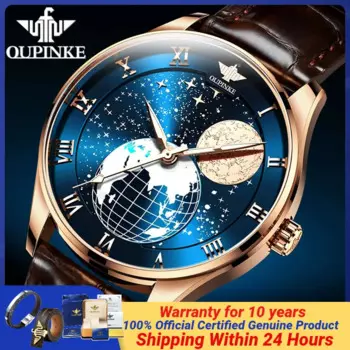 OUPINKE 3177 часы с фазой Луны для мужчин, кожаный ремешок, элитные автоматические механические наручные часы, водонепроницаемые светящиеся роскошные часы