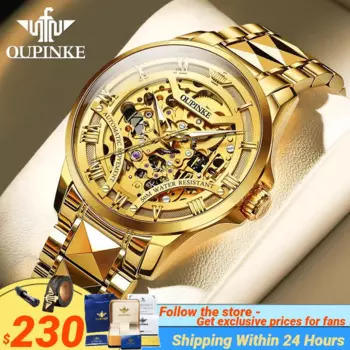 OUPINKE 3210, золотые механические часы для мужчин, полностью полые оригинальные мужские часы, роскошные брендовые мужские наручные часы, водонепроницаемые светящиеся