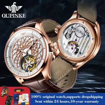 OUPINKE 8002, механические часы с турбийоном для мужчин, полый маховик, деловые ручные часы, водонепроницаемые оригинальные мужские часы лучшего бренда