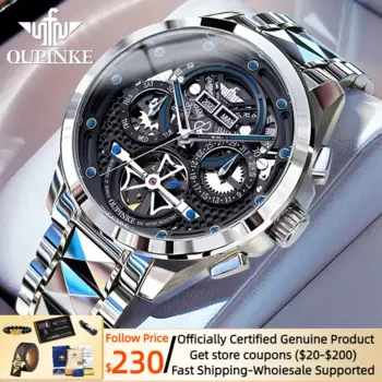 OUPINKE автоматические часы для мужчин швейцарский механический механизм роскошный бренд мужские наручные часы скелетоны с автоподзаводом мужские часы 3249