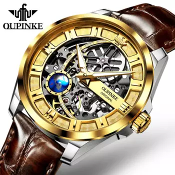 OUPINKE лучшие бренды механические наручные часы для мужчин Скелет с вырезами кожаный ремешок водонепроницаемые светящиеся часы Hd с кожаным ремешком