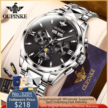 OUPINKE Moon Phase Полностью автоматические механические часы для мужчин Вольфрамовый стальной ремешок Водонепроницаемые мужские наручные часы со светящимся календарем