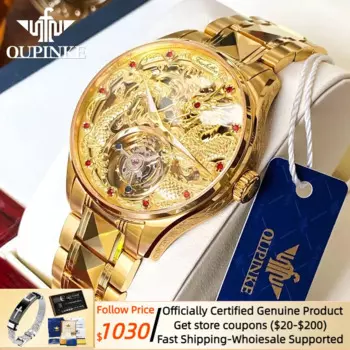 OUPINKE реальные Tourbillon механические скелет золото сапфировое стекло часы роторный с ручным заводом, наручные часы, мужские часы 3176 г