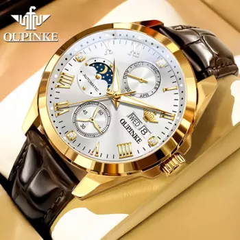 OUPINKE Роскошные кожаные часы для мужчин, механические часы с фазой Луны, автоматические мужские часы, водонепроницаемые мужские часы, подарки