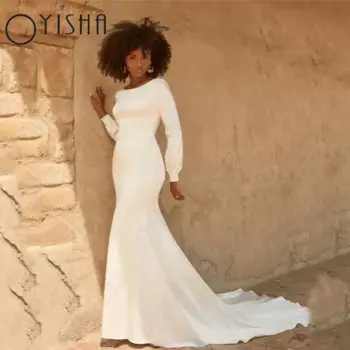 OYISHA Свадебные платья с пышными рукавами Русалка Классические черные атласные белые свадебные платья для женщин винтажные элегантные свадебные платьяOYISHA Русалки с пушистыми рукавами Свадебное платье Scoop атласное