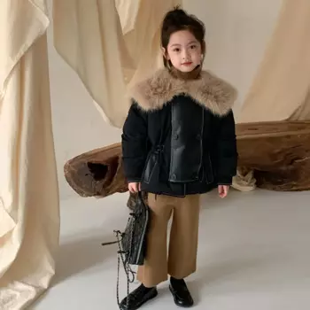 Пальто для девочек, детская одежда для девочек, новинка зима 2023, пуховик для девочек с меховым воротником, детская утепленная пуховая куртка