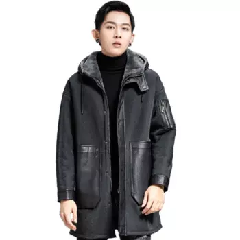 Пальто из овечьей кожи Denny & Asha, черное, с капюшоном