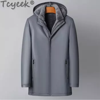 Пальто Tcyeek из 2023 натуральной овечьей шерсти, зимние мужские куртки с капюшоном, модная мужская куртка из натуральной кожи