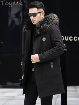 Пальто Tcyeek из натурального меха норки в стиле пэчворк, зимние куртки для мужчин 2023, модные парки средней длины, пальто из натурального меха, Мужское пальто с воротником из меха енота