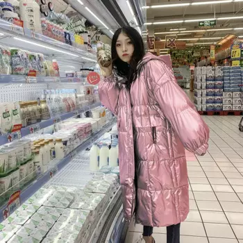 Пальто женское зимнее, глянцевое, с капюшоном