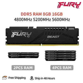 Память Kingston Fury Beast DDR5 8 Гб 16 Гб 4800 5200 5600 МГц для настольного компьютера 288Pin 1,1 в DIMM PC5-34800 41600 44800 DDR5 RAM