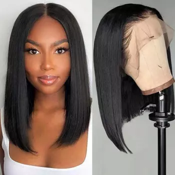 Парик 13x4 Lace Front Bob Короткие прямые парики из натуральных волос для чернокожих женщин Бразильский парик 4x4 Lace Closure Предварительно выщипанные волосы Remy