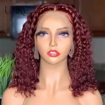 Парик Deepcurly99J цвета Бургунди на сетке спереди, короткие волосы, парик из человеческих волос 13x4, фронтальный парик с глубокой волной красного цвета, 4x4, вьющиеся парики