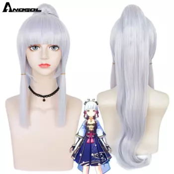Парик для косплея ANOGOL Ayaka Game Genshin ударопрочный, длинные серебристые волосы с челкой, термостойкие синтетические парики из аниме для вечевечерние НКИ на Хэллоуин