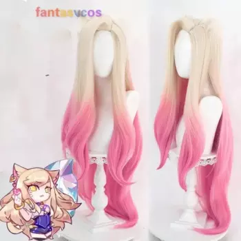 Парик для косплея LOL KDA Baddest Ahri длиной 100 см, светлые розовые волнистые заколки с ушками, синтетические волосы, ролевая игра, костюм на Хэллоуин, искусственные волосы