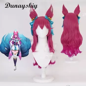 Парик для косплея LOL Spirit Blossom Ahri, головной убор с ушками, костюм для косплея, женские парики из девятихвостных лисьих волос