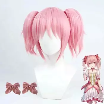 Парик для косплея Puella Magi Madoka Magica, термостойкие синтетические волосы с короткими розовыми зажимами, с 2 хвостиками, с шапочкой