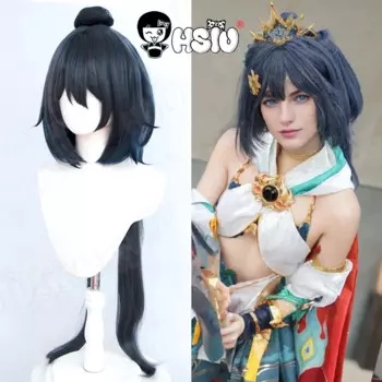 Парик для косплея Yunli HSIU 90 см, термостойкий синтетический, с длинными волосами черного и синего цвета, с направляющими и звездами из игры хонькай, для косплея