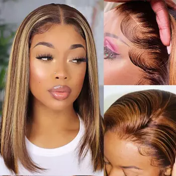 Парик Hightlight Remy из натуральных волос, парик из T-part на сетке, средний коричневый, клубничный, светлый, длинный, прямой, Боб, 13X4X1, парик для женщин, 22 дюйма