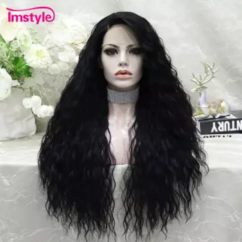 Парик Imstyle из синтетического кружева для женщин, длинный кудрявый, с боковой частью 30 дюймов, черный, термостойкий, T-образный
