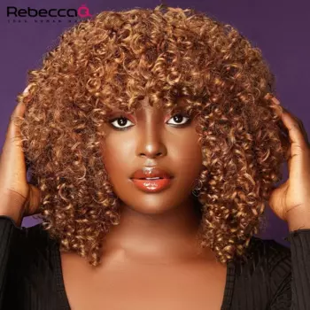 Парик короткий с двойным рисунком, вьющийся, коричневого цвета, с натуральными волосами без клея, с Bngs