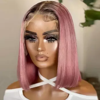Парик омбре с розовым Бобом, прямые парики из человеческих волос на сетке спереди для женщин, короткий прозрачный парик с коротким Бобом, отбеленные узлы, предварительно выщипанные