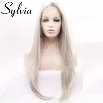 Парик Sylvia термостойкий, синтетический, серебристый, золотистый, серый, на шнурке, мягкий, длинный, серебристый, Платиновый, блонд, средний парик для женщин