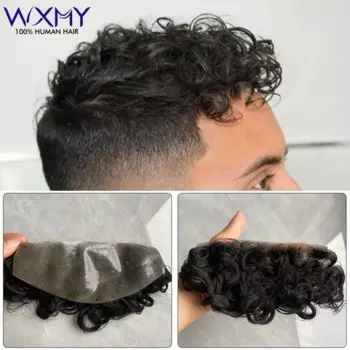 Парик Toupee с кудрявыми волосами для мужчин, реалистичные передние парики из человеческих волос, система человеческих волос с полной кожей, мужской капиллярный протез