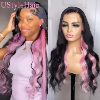 Парик UStyleHair черно-розовый с волнистыми волосами, натуральные волосы, синтетические кружевные передние парики для женщин, термостойкий розовый парик