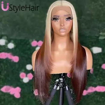 Парик UStyleHair с 613 корнями Омбре коричневый для женщин длинный шелковистый прямой многослойный срез светлый кружевной фронтальный парик термостойкий синтетический