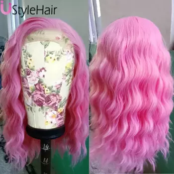 Парик UStyleHair с розовыми волнистыми волосами, термостойкие натуральные волосы, синтетические кружевные передние парики, для ежедневного использования, для женщин