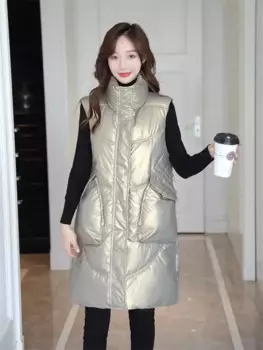 Парка без рукавов, жилет, новинка 2024, глянцевый пуховой жилет из хлопка для женщин, средняя длина, осень и зима, толстая верхняя одежда, куртка K2144