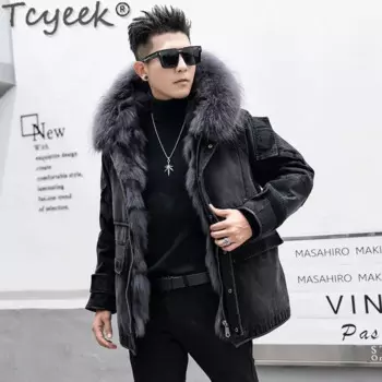 Парка Tcyeek Мужская зимняя, теплая свободная подкладка из натурального меха лисы, пальто средней длины из натурального меха, одежда с воротником из меха енота