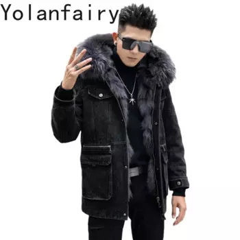 Парка YOLANFAIRY мужская длинная, роскошная зимняя одежда, с воротником из натурального Лисьего меха, очень теплая, свободного покроя, с мехом енота, 2024