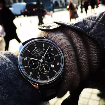 Parnis 43 мм Черный циферблат Механические автоматические мужские часы с кожаным ремешком Miyota 9100 Moon Phase Мужские часы с коробкой Подарочные мужские часы