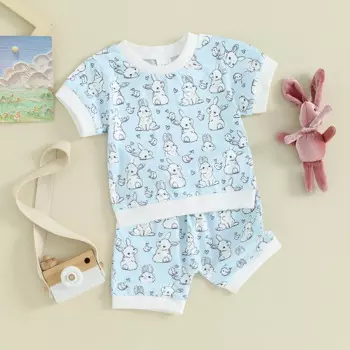 Пасхальный наряд для маленьких девочек 3, 6, 12, 18, 24 месяцев, 2T, 3T, летняя одежда для маленьких девочек, пуловер с коротким рукавом и кроликом, футболки, Топ