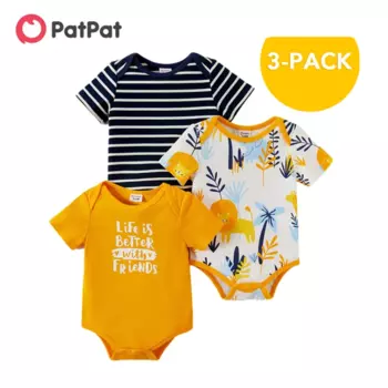 PatPat Новое поступление 2021 летний комплект из 3 предметов для маленьких мальчиков с изображением Льва в полоску с принтом в виде букв, комплекты рождественской одежды; Детские комбинезоны; Одежда для малышей; Футболка с короткими рукавами