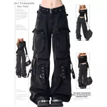 PB&ZACargo Прямые джинсы женские Y2k Harajuku Baggy Retro Do Old Belt Корейские джинсовые брюки с высокой талией Джинсы с напуском в стиле хип-хоп