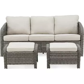 PE плетеный 3-местный диван, 73,6 дюйма длинный диван для внутреннего дворика с 2 оттоманками, Плетеный уличный диван в форме бочонка