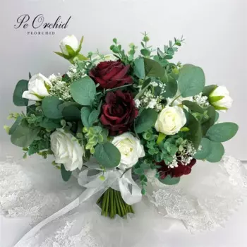 PEORCHID 2024, свадебный букет бордового цвета и цвета слоновой кости De Fleur, искусственная роза и эвкалипт, свадебный букет в стиле бохо