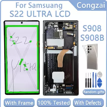 Передний дисплей AMOLED 6,8 дюйма для Samsung S22 Ultra, ЖК-дисплей с цифровым преобразователем сенсорного экрана S22 Ultra 5G S908 S908B S908U с дефектами ЖК-дисплея