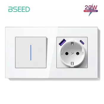 Переключатель BSEED Выключатель света со светодиодной белой стеклянной рамкой Настенные розетки USB-C Зарядка телефона E-Series Стандарт ЕС 1-контактный