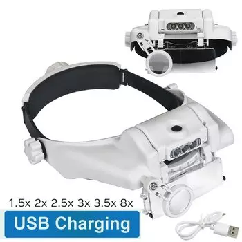 Перезаряжаемая лупа на голову 1X-14X со светодиодной подсветкой и 6 съемными линзами — без помощи рук для ювелирных изделий/ремонта/чтения